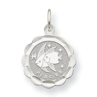 14K White Gold Satin Polished Engravable Pisces Zodiac Scalloped Disc Char 