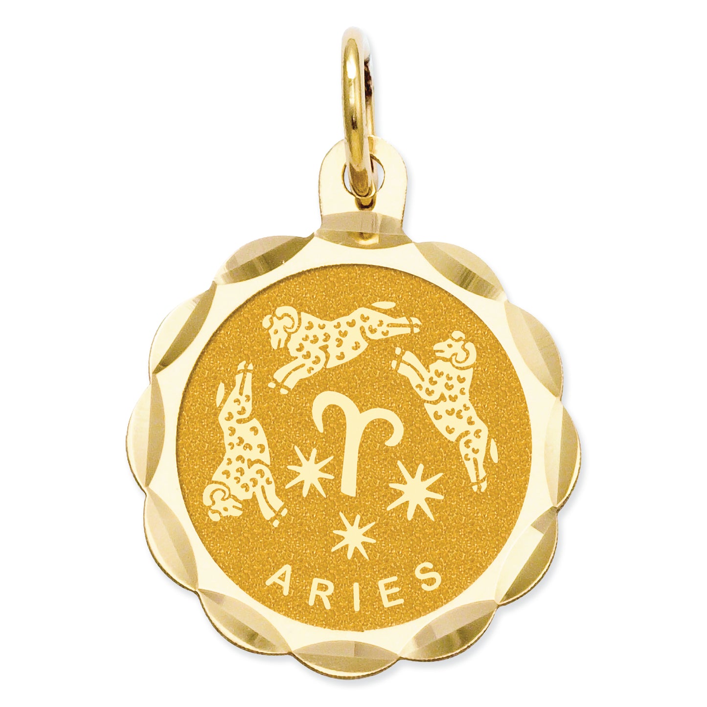 14K Gold Satin Polished Engravable Aries Zodiac Scalloped Disc Charm