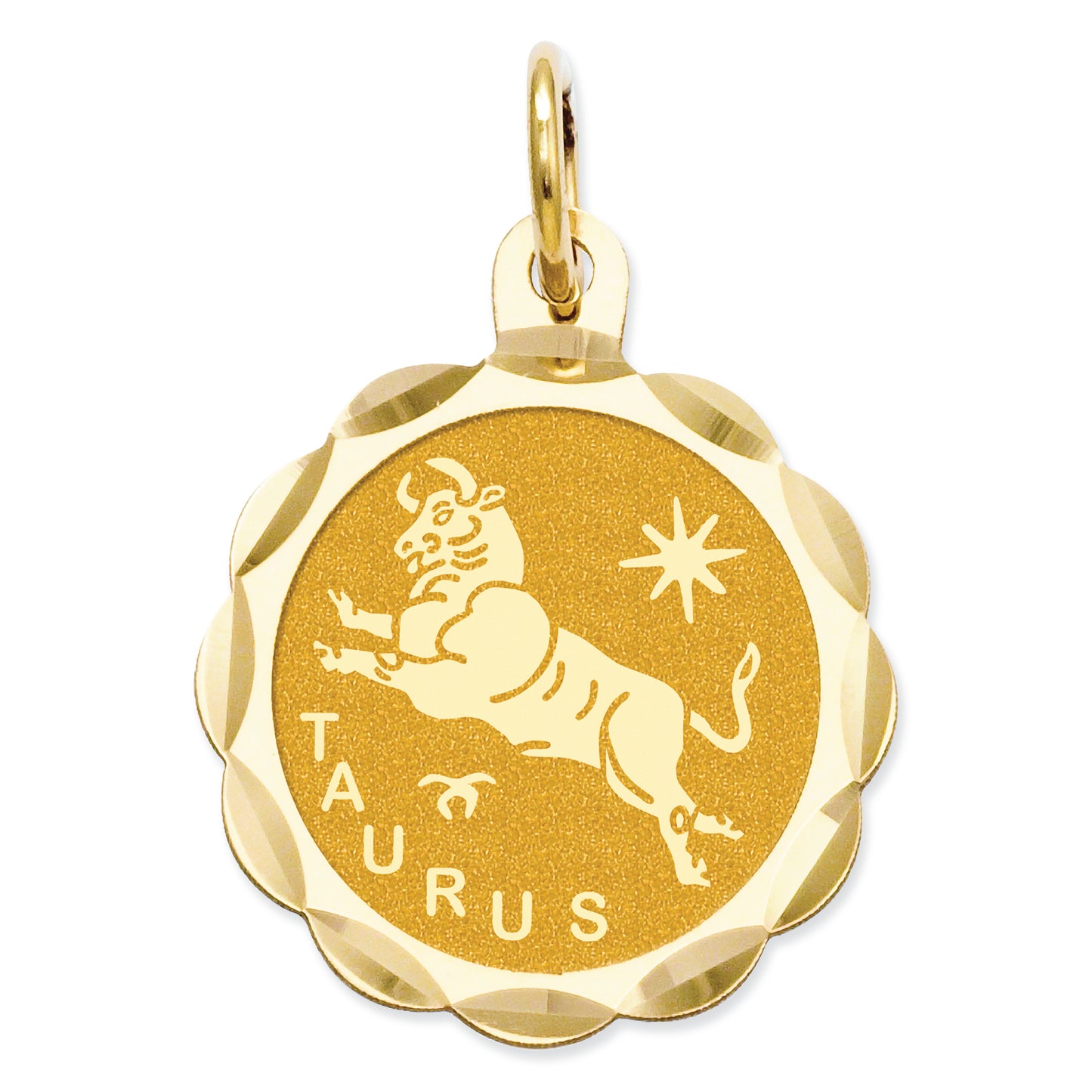 14K Gold Satin Polished Engravable Taurus Zodiac Scalloped Disc Charm