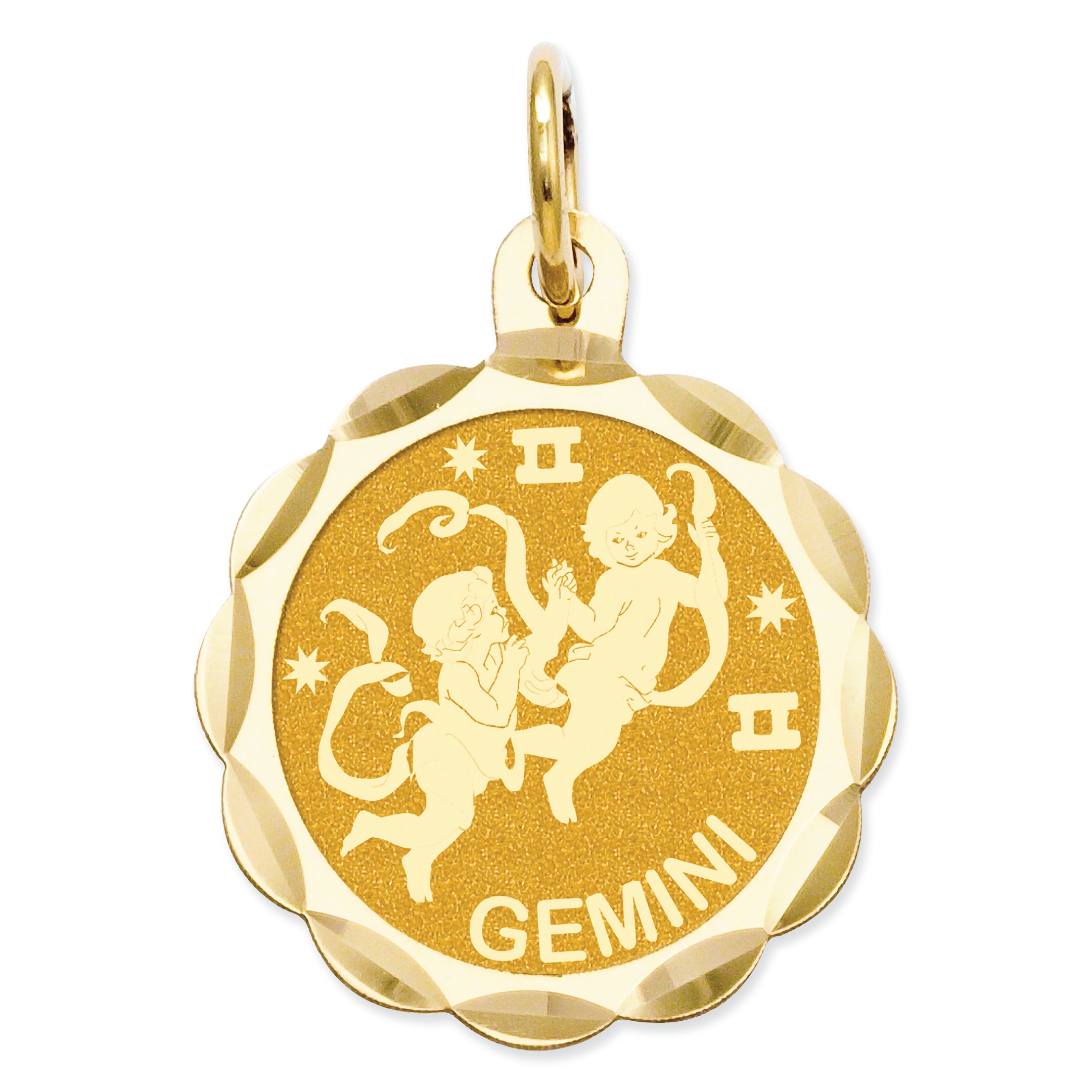 14K Gold Satin Polished Engravable Gemini Zodiac Scalloped Disc Charm