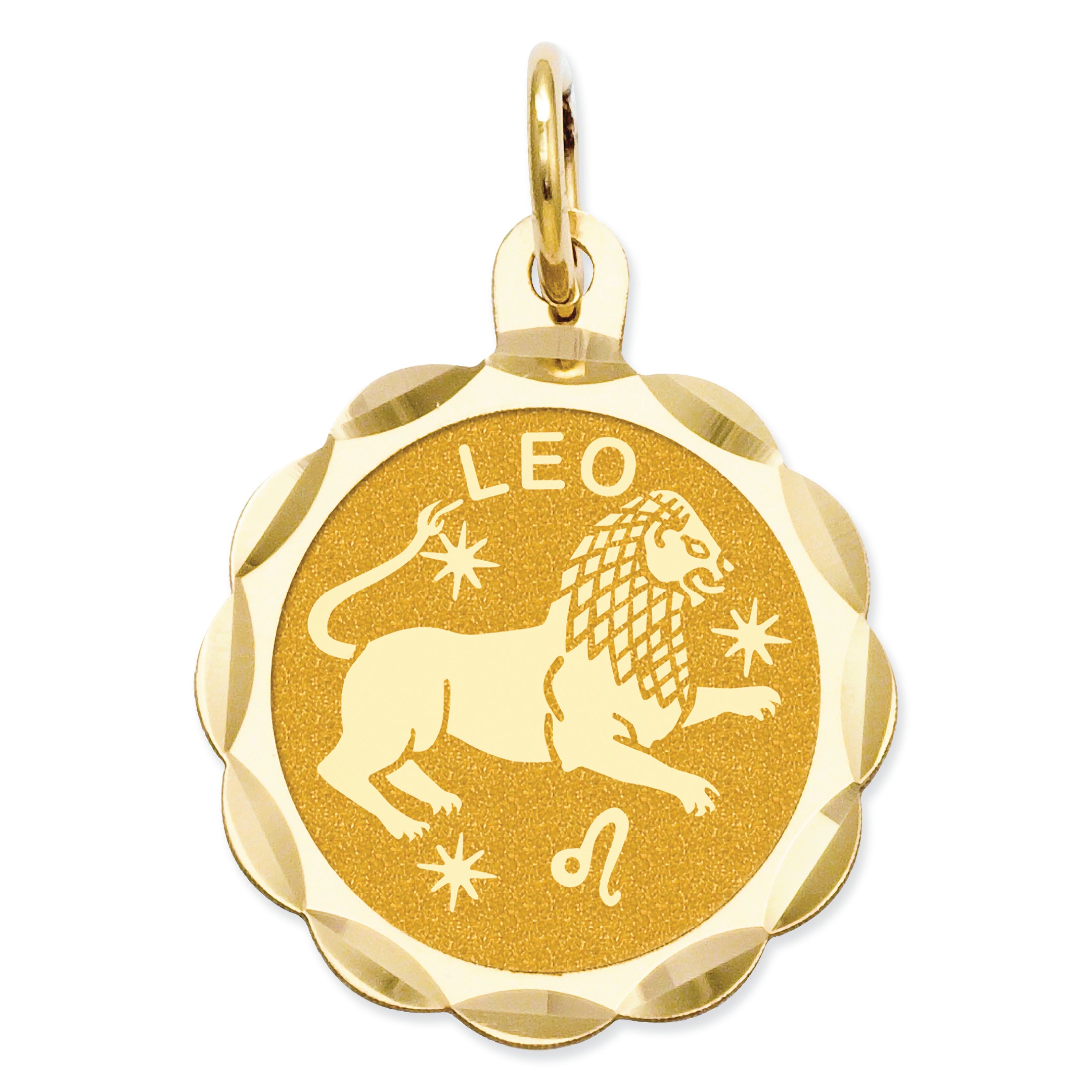 14K Gold Satin Polished Engravable Leo Zodiac Scalloped Disc Charm