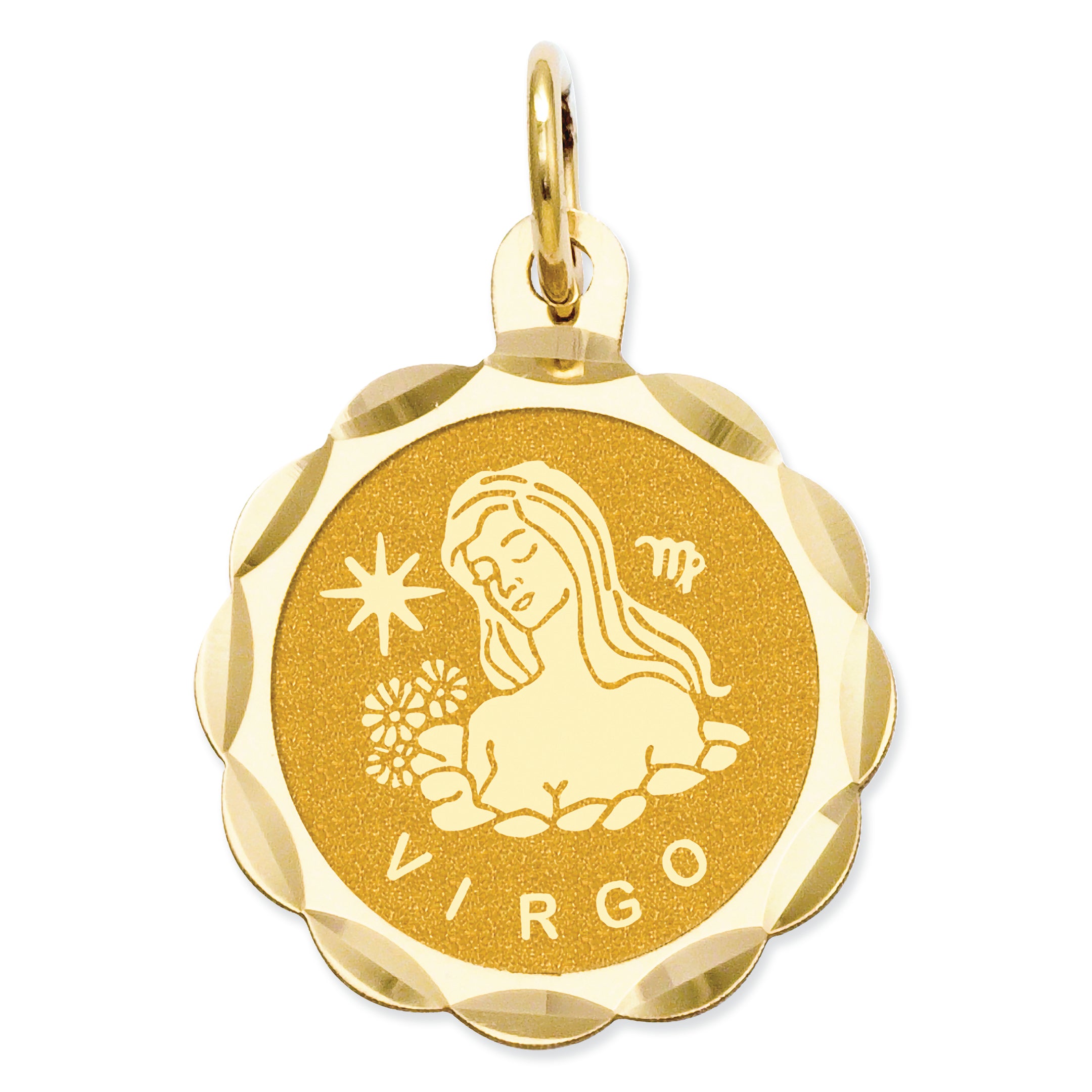 14K Gold Satin Polished Engravable Virgo Zodiac Scalloped Disc Charm