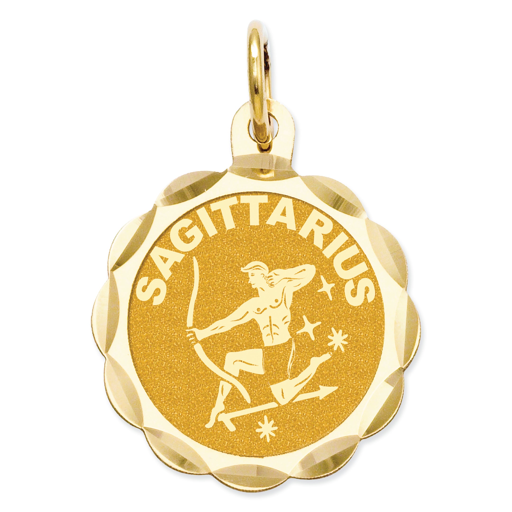 14K Gold Satin Polished Engravable Sagittarius Zodiac Scalloped Disc Charm