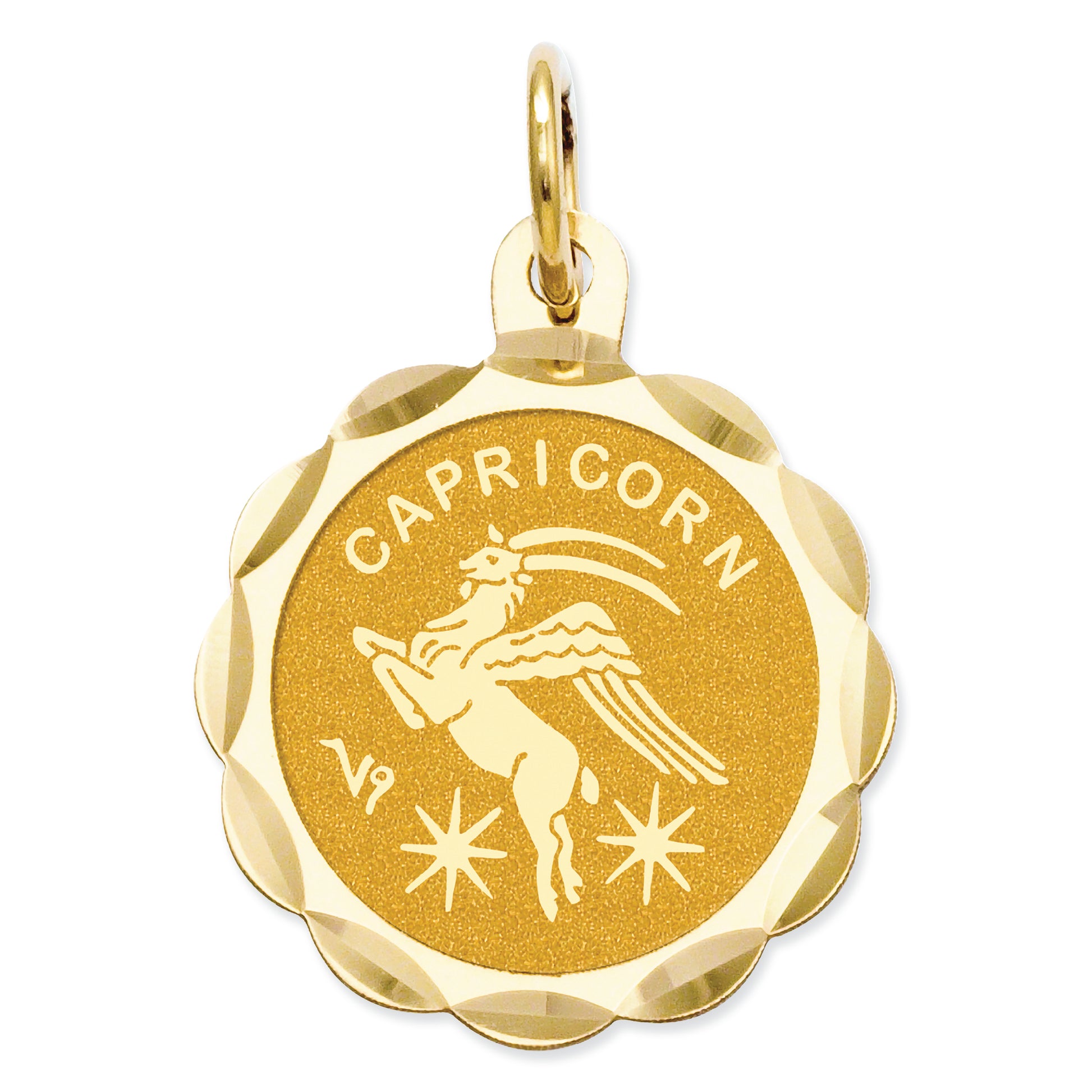 14K Gold Satin Polished Engravable Capricorn Zodiac Scalloped Disc Charm