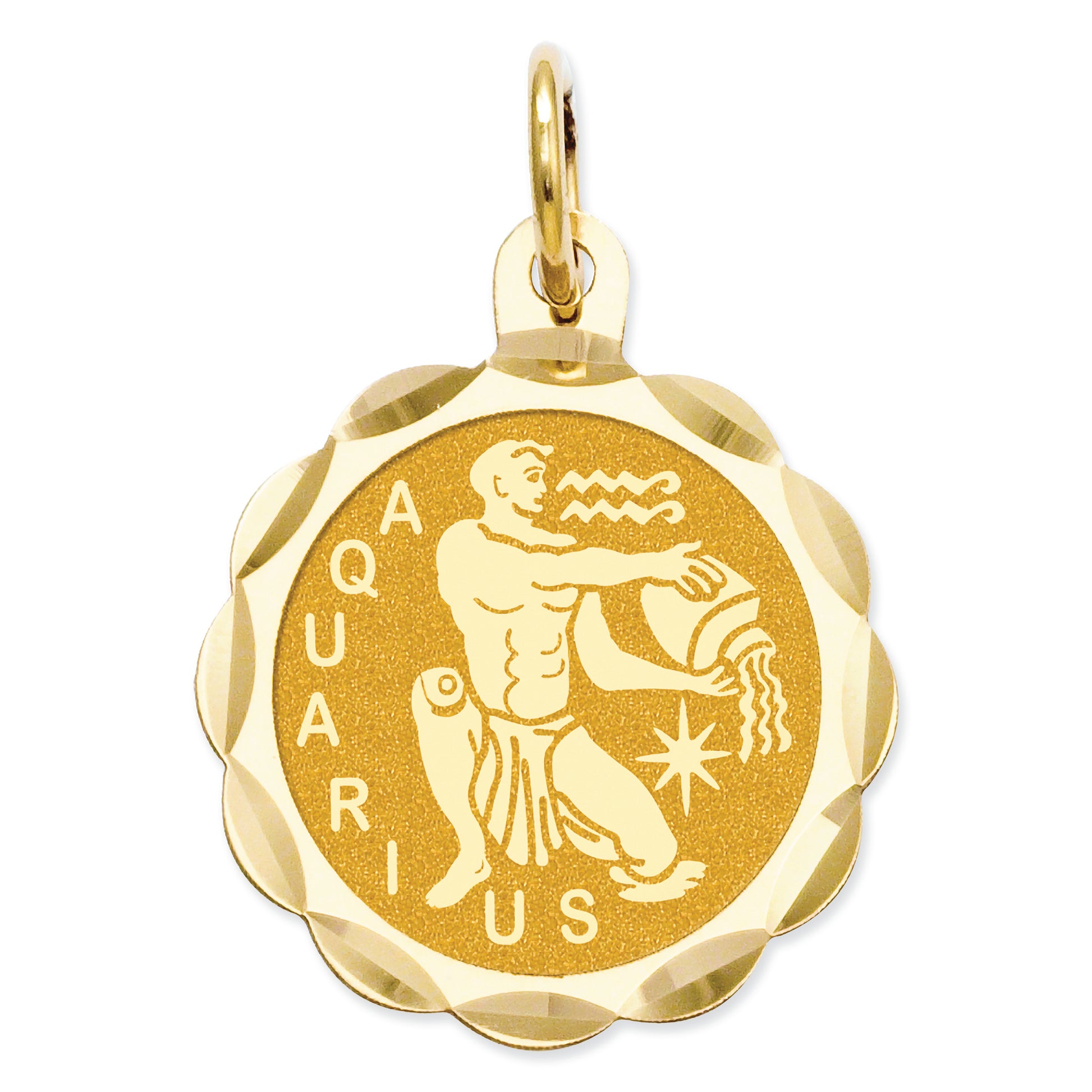 14K Gold Satin Polished Engravable Aquarius Zodiac Scalloped Disc Charm