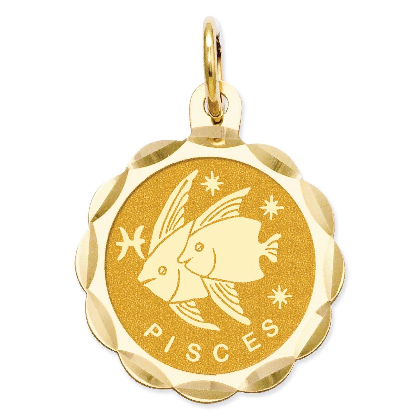 14K Gold Satin Polished Engravable Pisces Zodiac Scalloped Disc Charm