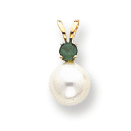 14K Gold 7mm White Cultured Pearl & .11ct. Emerald Pendant