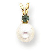 14K Gold 6mm White Cultured Pearl & Emerald Pendant