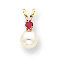 14K Gold 5mm White Cultured Pearl & Ruby Pendant