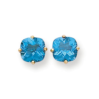 4.5 Carat 14K Gold 7x7mm Cushion Blue Topaz Checker earring