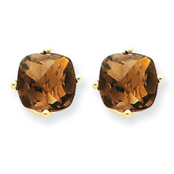2.8 Carat 14K Gold 7mm Cushion Smokey Quartz Earring