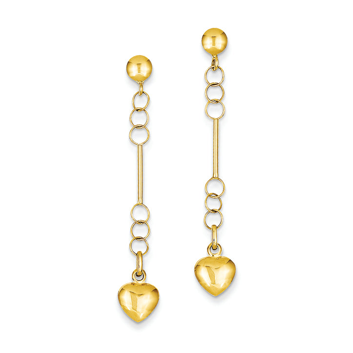 14K Gold Hollow, Polished, Puffed Heart Dangle Post Earrings