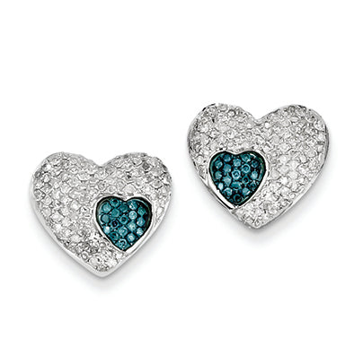 0.8 Carat 14K White Gold Blue and White Diamond Heart Screw Back Post Earrings