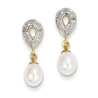 14K Gold Diamond and Freshwater Cultured Pearl Post Dangle Earrings