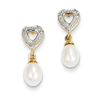14K Gold Diamond and FW Cultured Pearl Heart Post Dangle Earrings