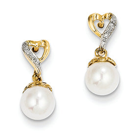 14K Gold Diamond and Freshwater Cultured Pearl Heart Dangle Earrings