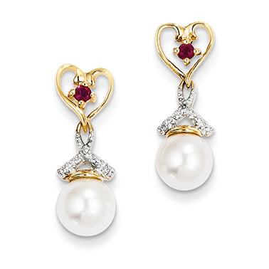 14K Gold Diamond and FW Cultured Pearl & Created Ruby Post Earrings