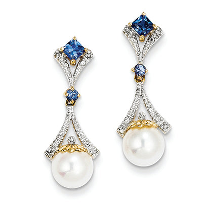 14K Gold Diamond & FW Cultured Pearl & Created Sapphire Post Earrings