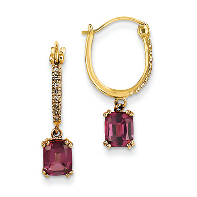 2.6 Carat 14K Gold Diamond and Rhodolite Garnet  Dangle Hoop Earrings