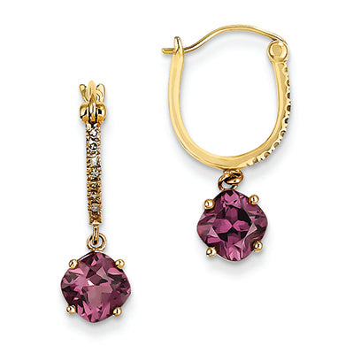 2.5 Carat 14K Gold Diamond and Rhodolite Garnet Dangle Hoop Earrings