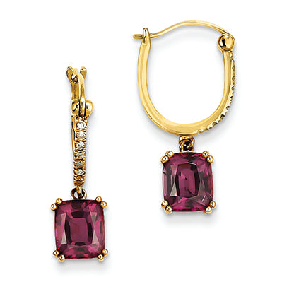 3.1 Carat 14K Gold Diamond and Rhodolite Garnet Dangle Hoop Earrings
