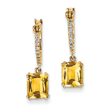 2.2 Carat 14K Gold Diamond and Citrine  Dangle Hoop Earrings