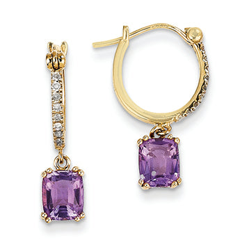 1.5 Carat 14K Gold Diamond and Amethyst Dangle Hoop Earrings