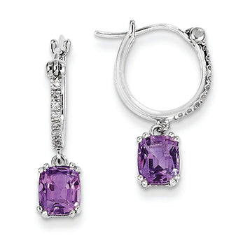 1.5 Carat 14K White Gold Diamond and Amethyst Dangle Hoop Earrings