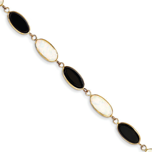 14K Gold 8.5in Polished Genuine Fancy Onyx & Imitation Opal Bracelet 8.5 Inches