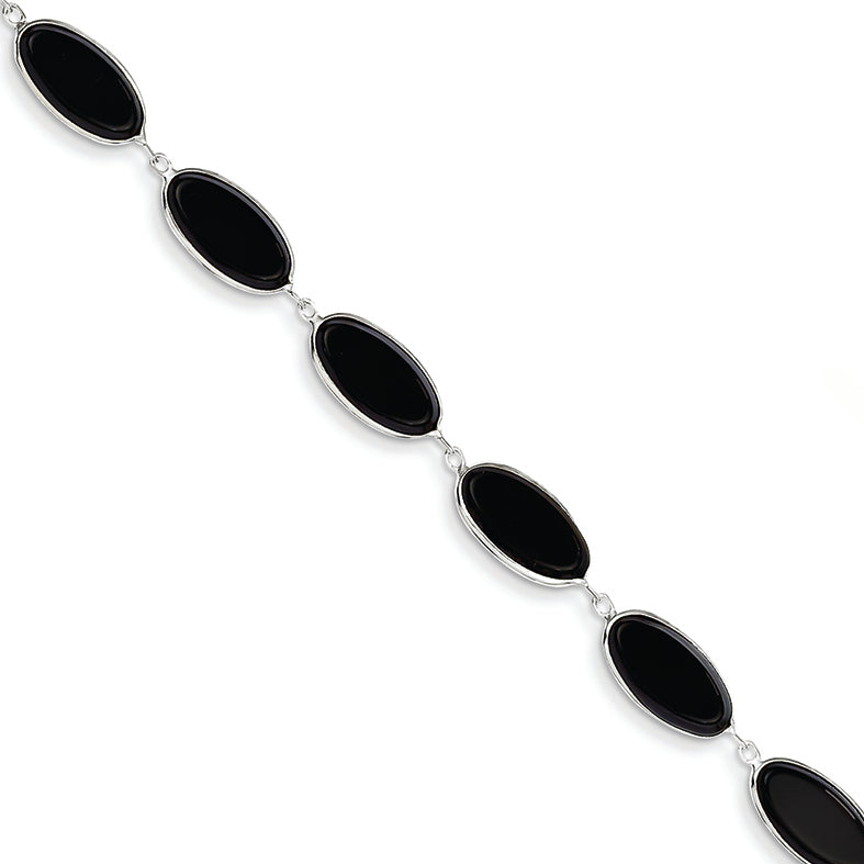 14K White Gold 8in Polished Genuine Fancy Onyx Bracelet 8 Inches