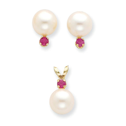 0.3 Carat 14K Gold 7-7?mm White FW Cultured Pearl & Ruby Stud Earrings & Pendant