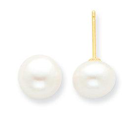 14K Gold 7-7.5mm White Freshwater Cultured Button Pearl Stud Earrings
