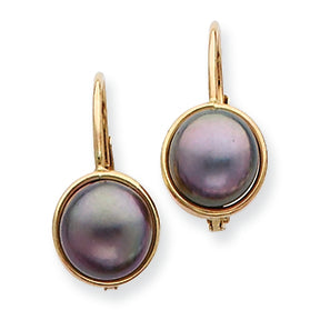 14K Gold 6.5-7mm Black FW Cultured Button Pearl Leverback Earrings