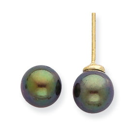 14K Gold 7-7.5mm Black Salt Water Cultured Pearl Stud Earrings