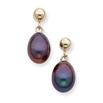 14K Gold 7-7.5mm Black Freshwater Cultured Pearl Dangle Earrings