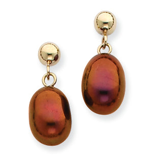 14K Gold 7-7.5mm Chocolate Freshwater Cultured Pearl Dangle Earrings