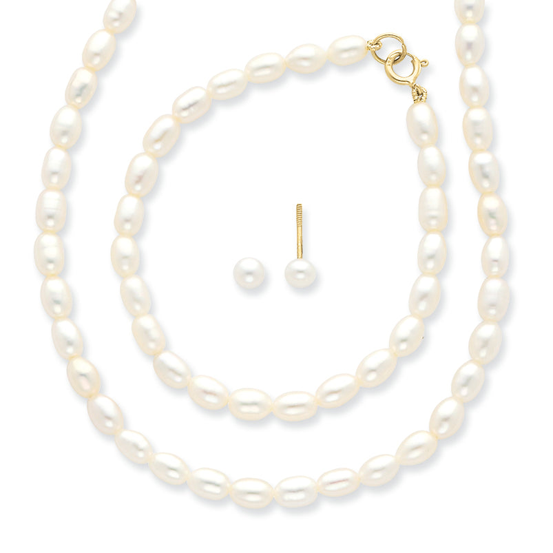 14K Gold White FW Cultured Pearl 14 in. Necklace, Bracelet & Earrings Set"