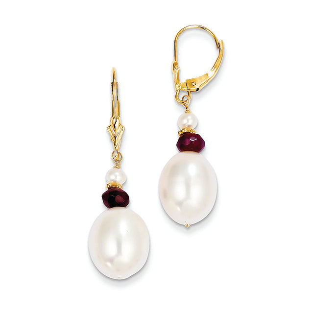 14K Gold Fresh Water Cultured Pearl with Faceted Garnet Leverback Earrings