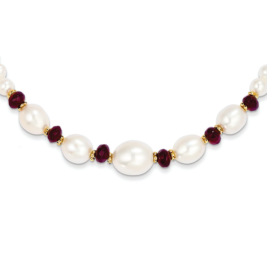 14K Gold Fresh Water Cultured Pearl and Faceted Garnet Bead Necklace 18 Inches