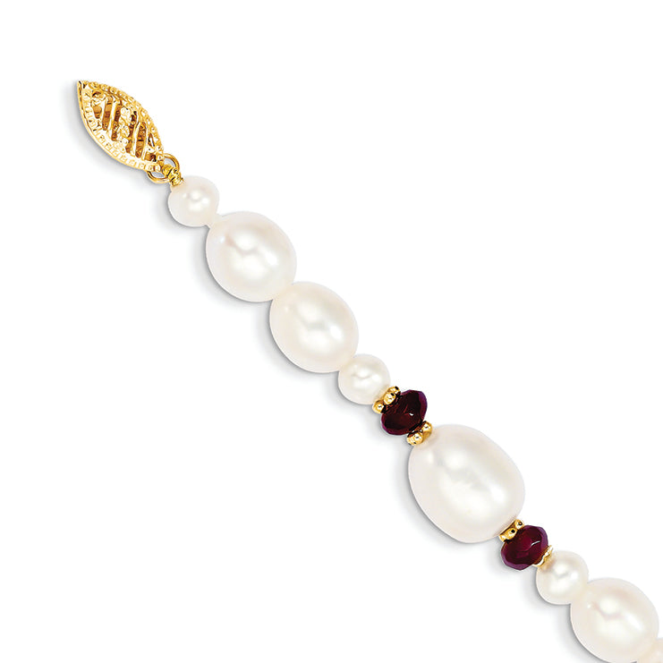 14K Gold Fresh Water Cultured Pearl and Faceted Garnet Bead Bracelet 7.25 Inches