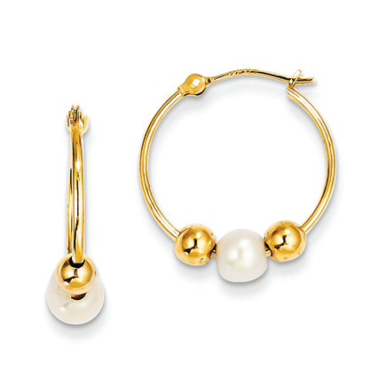 14K Gold Polished Hoop with Freshwater Cultured Pearl Earring