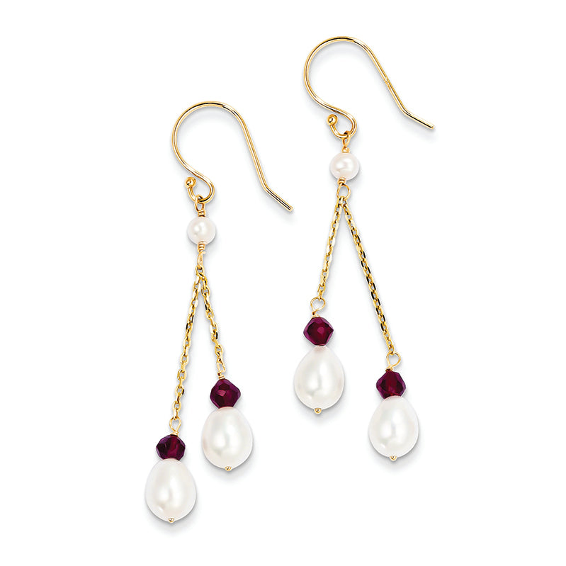 14K Gold Fresh Water Cultured Pearl and Garnet Double Chain Drop Earrings