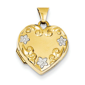 14K Gold Heart Locket with Rhodium Flowers