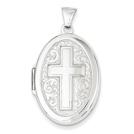 14K White Gold Polished Scrolled with Cross Oval Locket