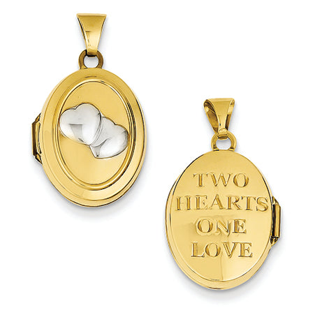 14K Gold Rhodium 2 Hearts 17mm Oval Locket