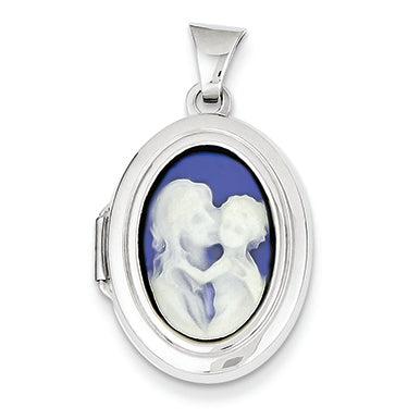 14K White Gold 21mm Agate Cameo Oval Locket