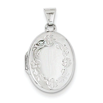 14K White Gold 17mm Oval Leaf Floral Hand Engraved Locket