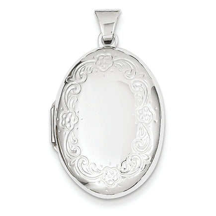 14K White Gold 26mm Oval Floral Scroll Border Locket
