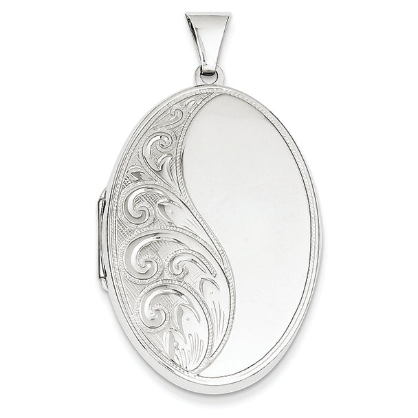 14K White Gold 38mm Oval 1/2 Lhs Hand Engraved Locket
