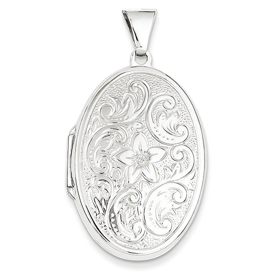 14K White Gold 32mm Oval Flower With Scrolls Locket